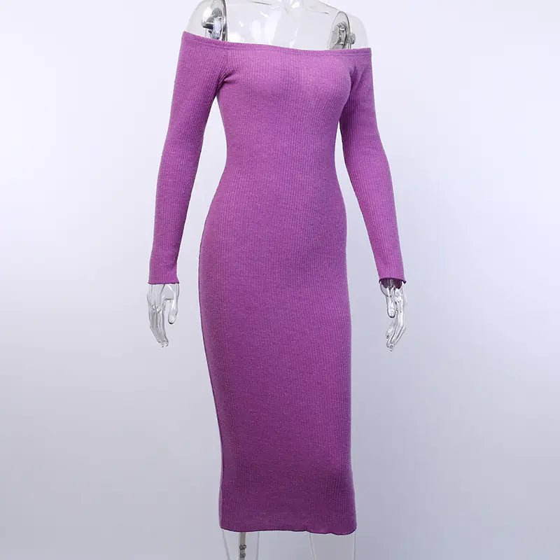 Women's Ribbed Off-Shoulder Long Sleeve Bodycon Midi Dress - Image 8