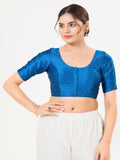 Cobalt-blue taffeta silk round-neck front-open sleeveless blouse