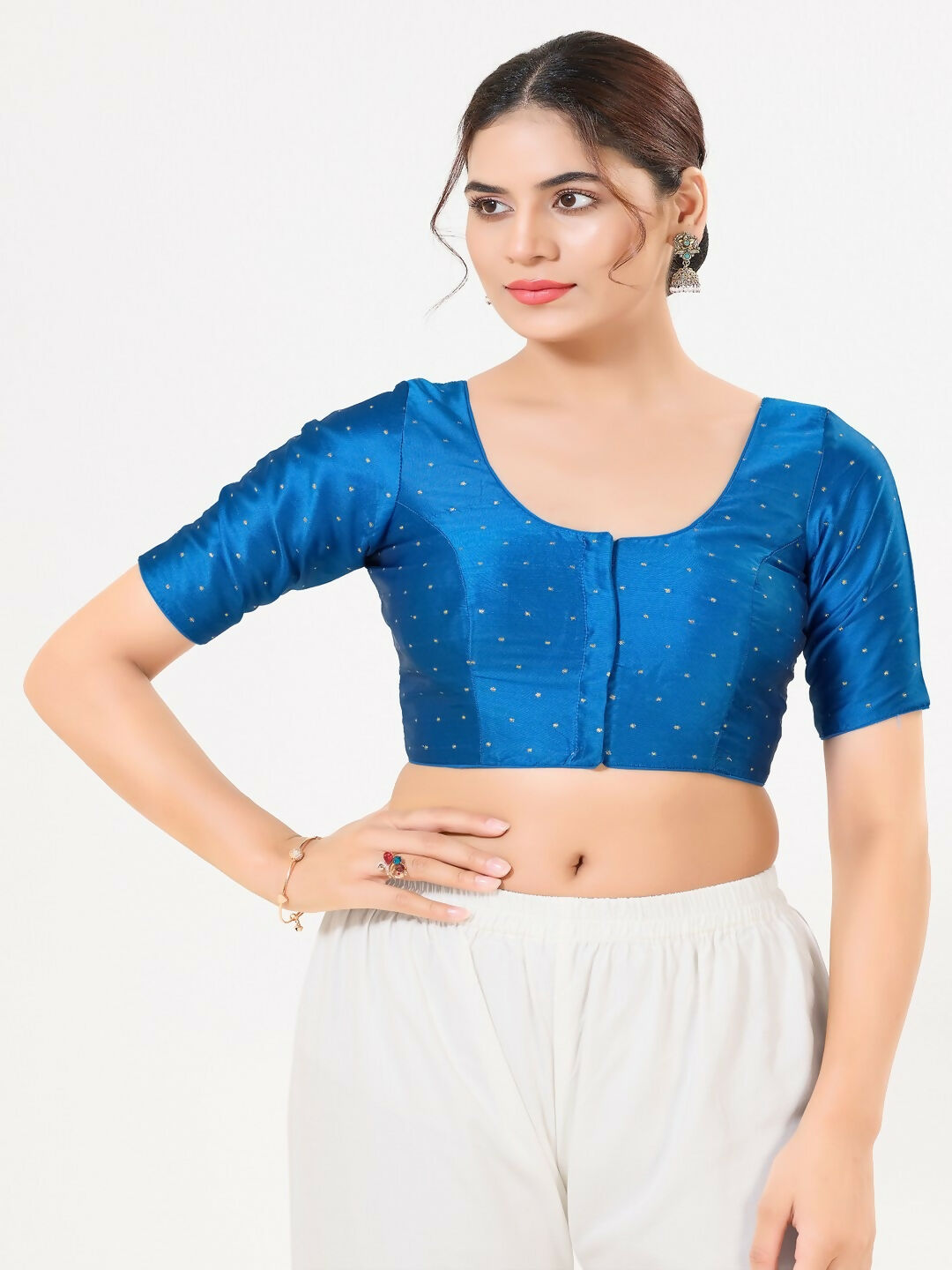 Cobalt-blue taffeta silk round-neck front-open sleeveless blouse