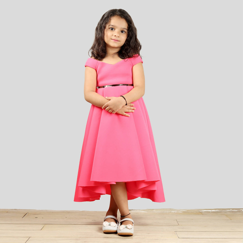 Pink Scuba Gown with Black Waist Belt and Back Bow Detail