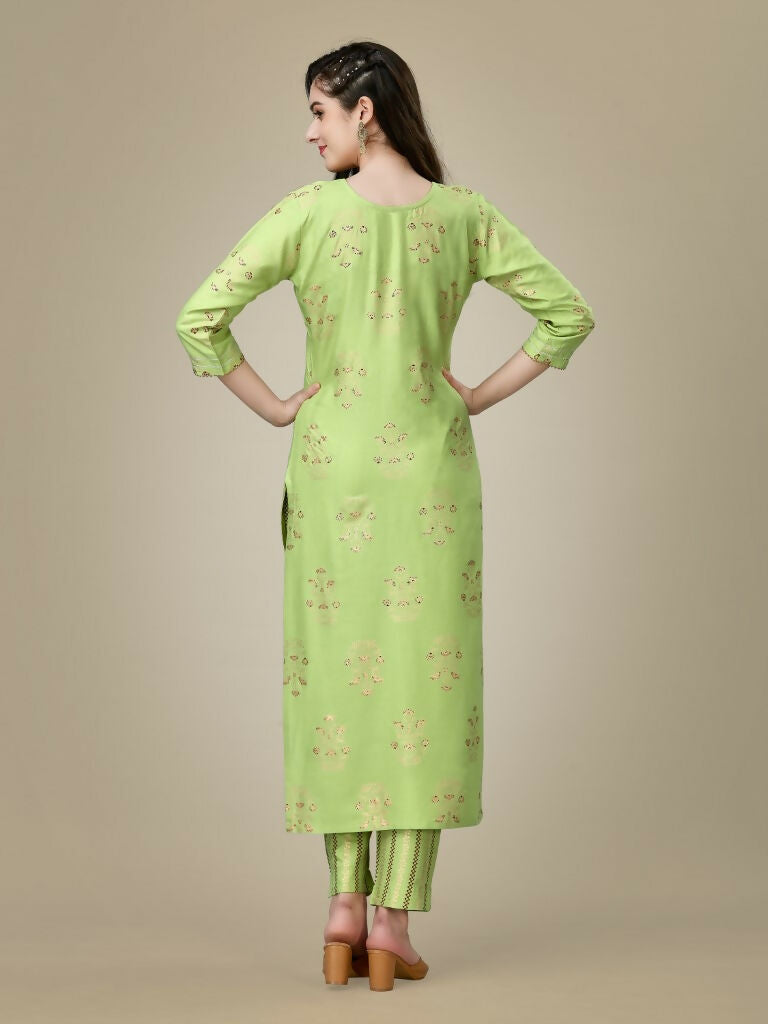 Women's Light Green Embroidered Rayon Straight Kurta Pant Set