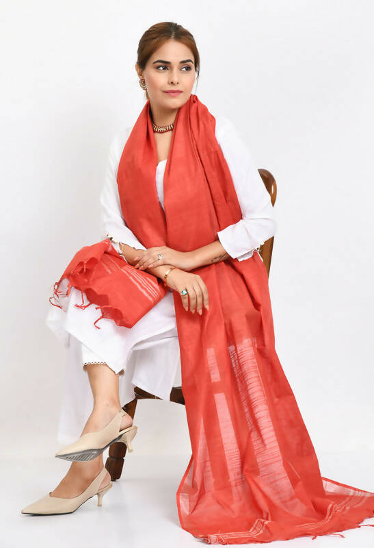 Red Linen Cotton Dupatta with Shimmering Silver Border