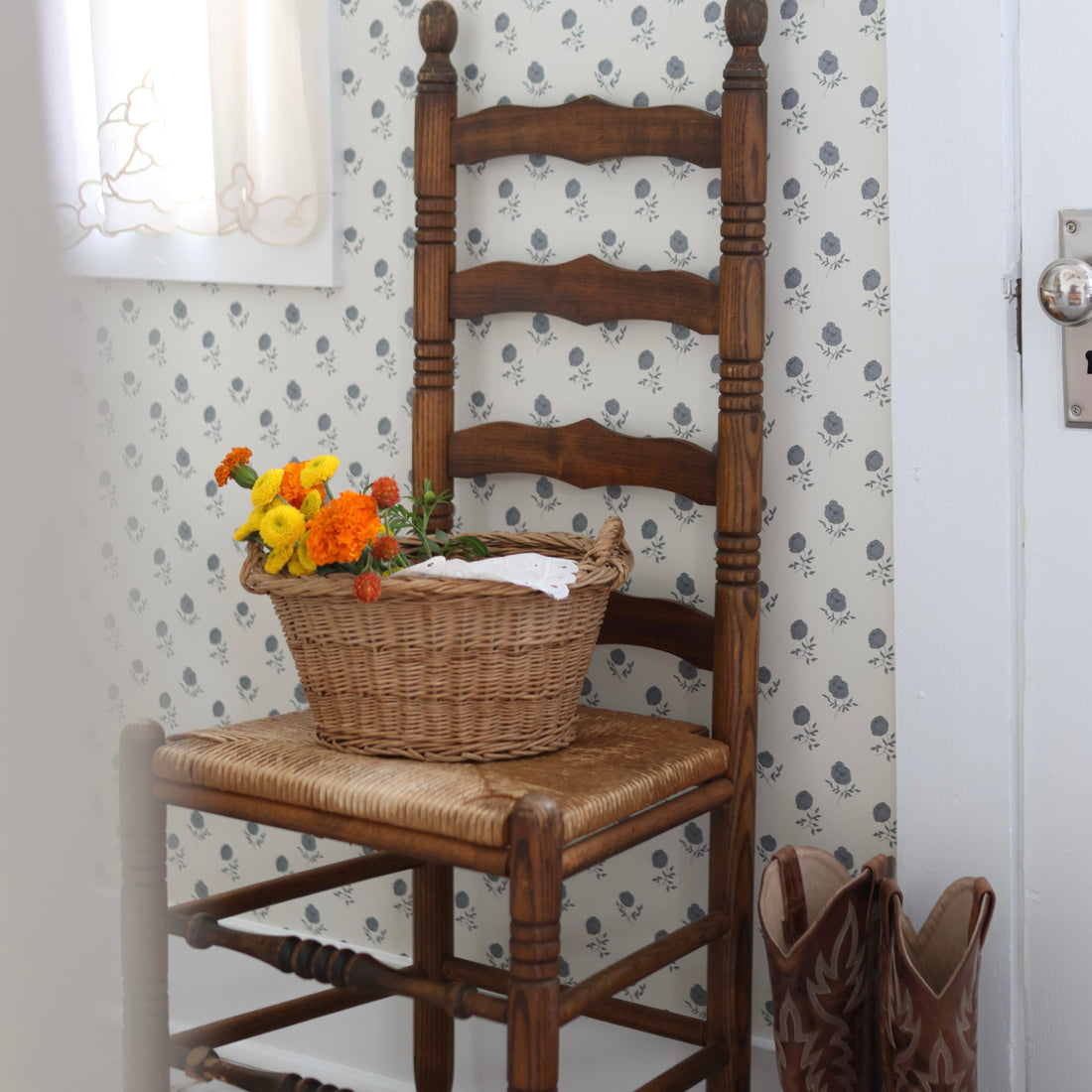 Elle floral wallpaper in cream, grey, blush, and sage-green