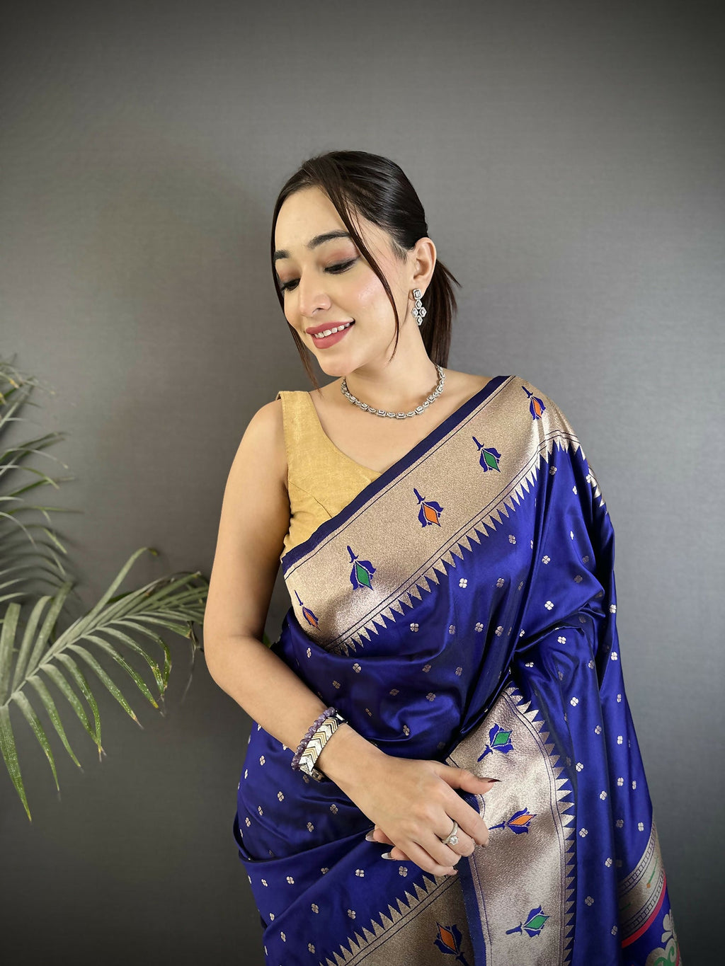 Royal Blue Soft Lichi Silk Kanchipuram Saree with Peacock Motifs