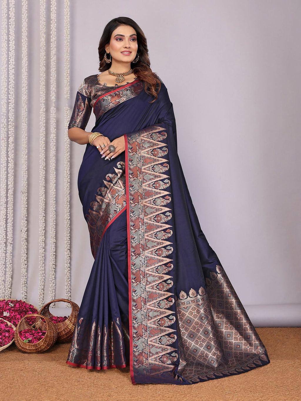 Navy blue Banarasi soft silk saree with detailed jacquard woven patterns