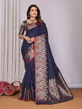 Navy blue Banarasi soft silk saree with detailed jacquard woven patterns
