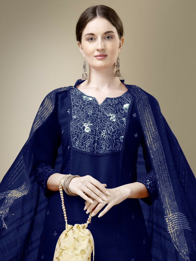 Women's Navy Blue Straight Kurta Set with Embroidery & Lace Work