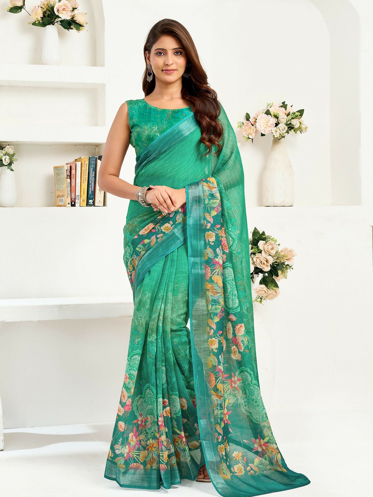 Rama Green floral print linen ready-to-wear saree with unstitched blouse