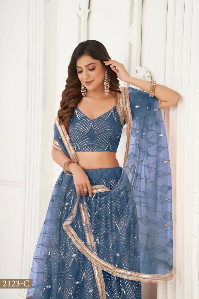 Peach Butterfly Net Lehenga Choli with Mirror and Thread Work