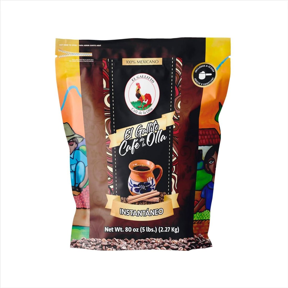5 lb bag of EL GALLITO Café de la Olla Mexican instant coffee in traditional earth-toned packaging