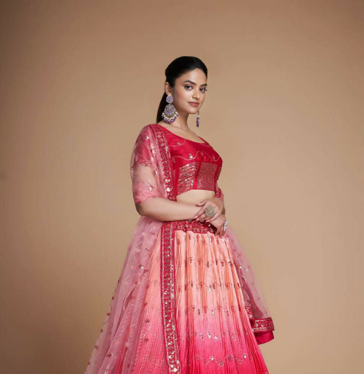 Coral Heavy Chinon Sequins Embroidered Designer Lehenga Choli
