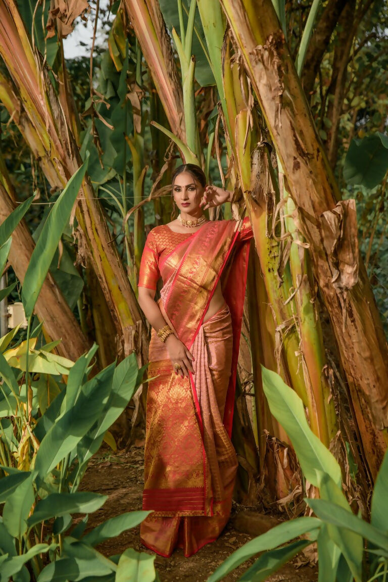 Women's Peach Kanjivaram Silk Zari Woven Saree with Red Blouse