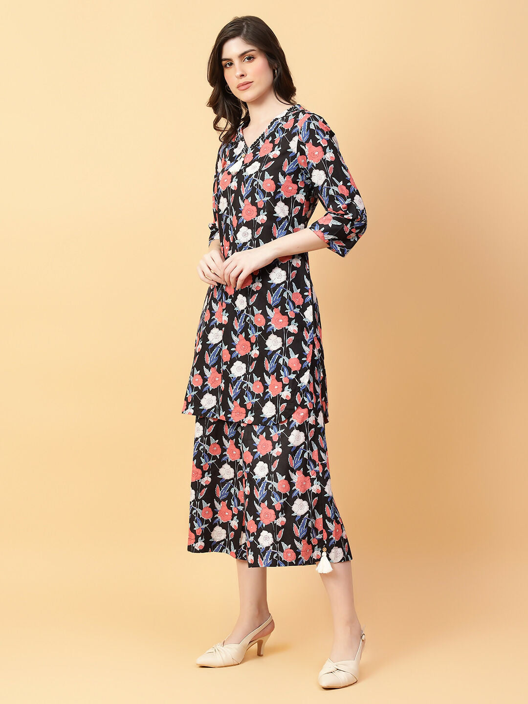 Black Cotton Printed Co-ord Set with Hand-Worked Detailing