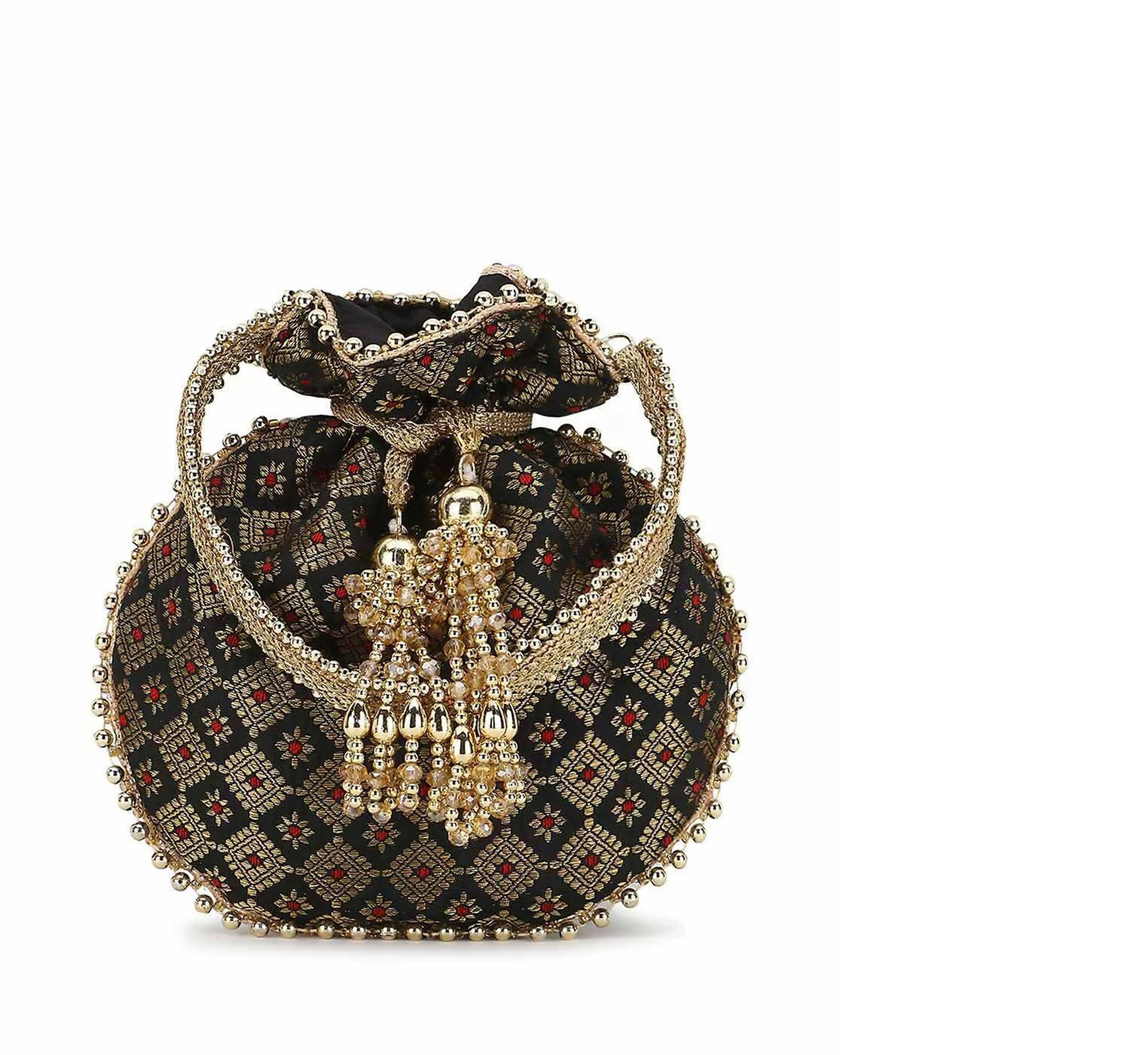 Black embellished potli bag with intricate detailing for festive ethnic wear