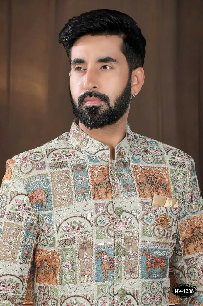Pista Multi-Colour Georgette Kurta and White Pyjama Ethnic Set