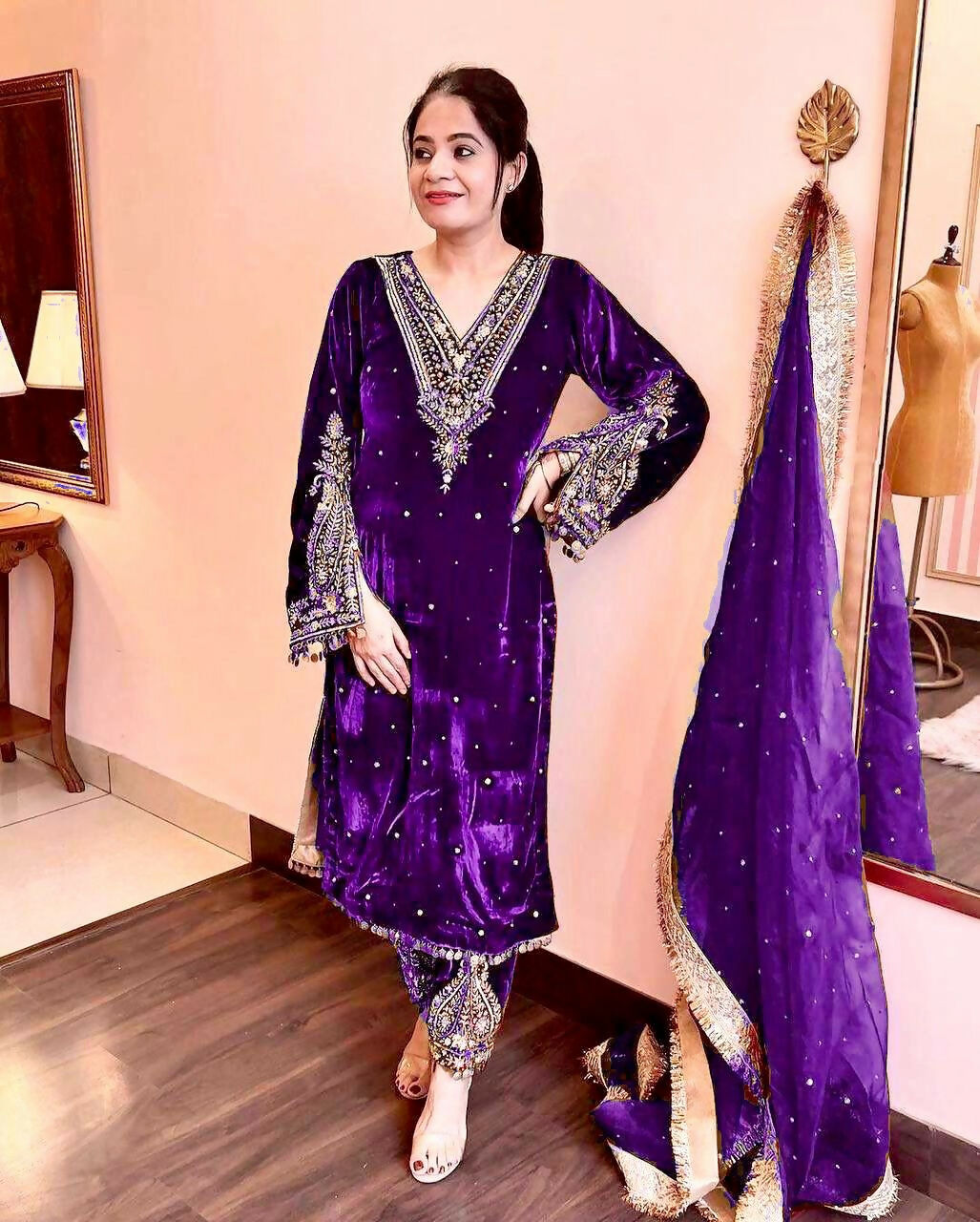 Royal Purple Velvet Embroidered Kurta Set