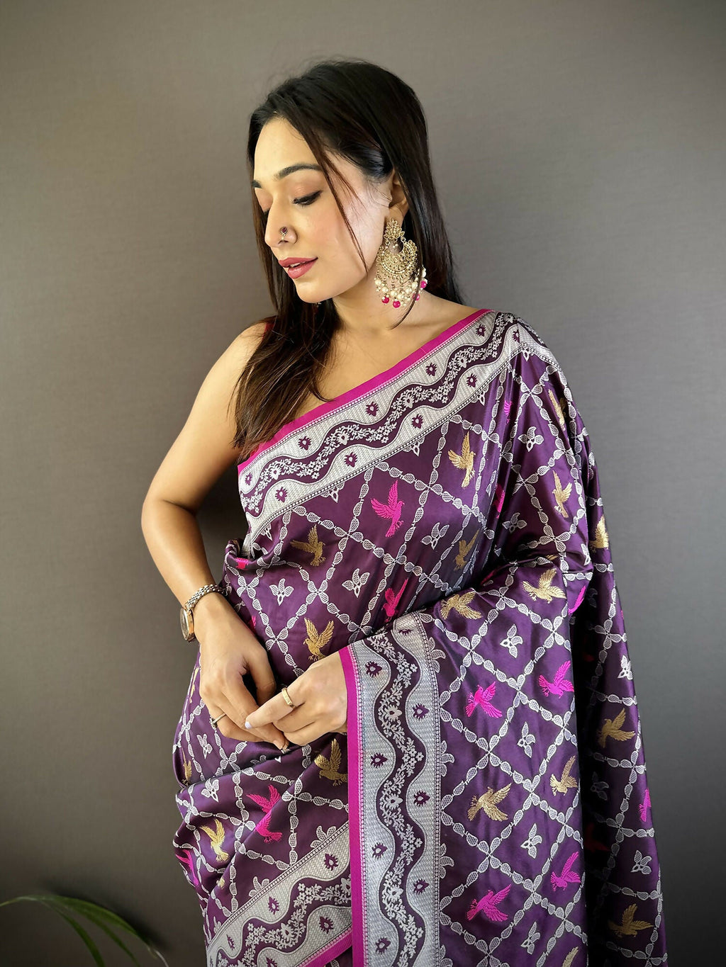 Purple Jacquard Woven Lichi Soft Silk Banarasi Saree with Blouse