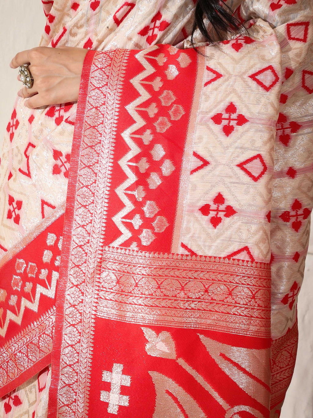 Red and White Linen Cotton Saree with Matching Blouse