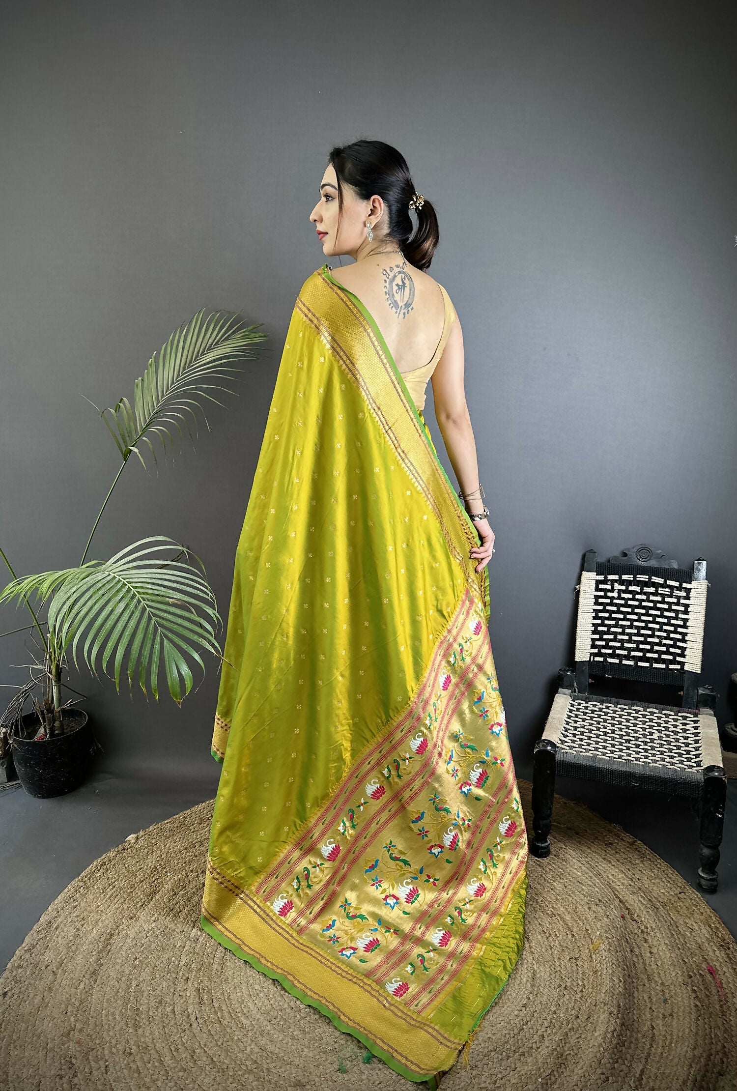 Lime Green Butti Woven Soft Lichi Silk Paithani Saree
