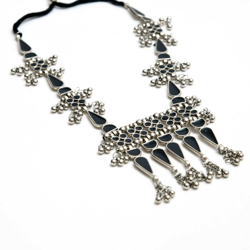 Oxidised Silver-Plated Meenakari Long Necklace Set