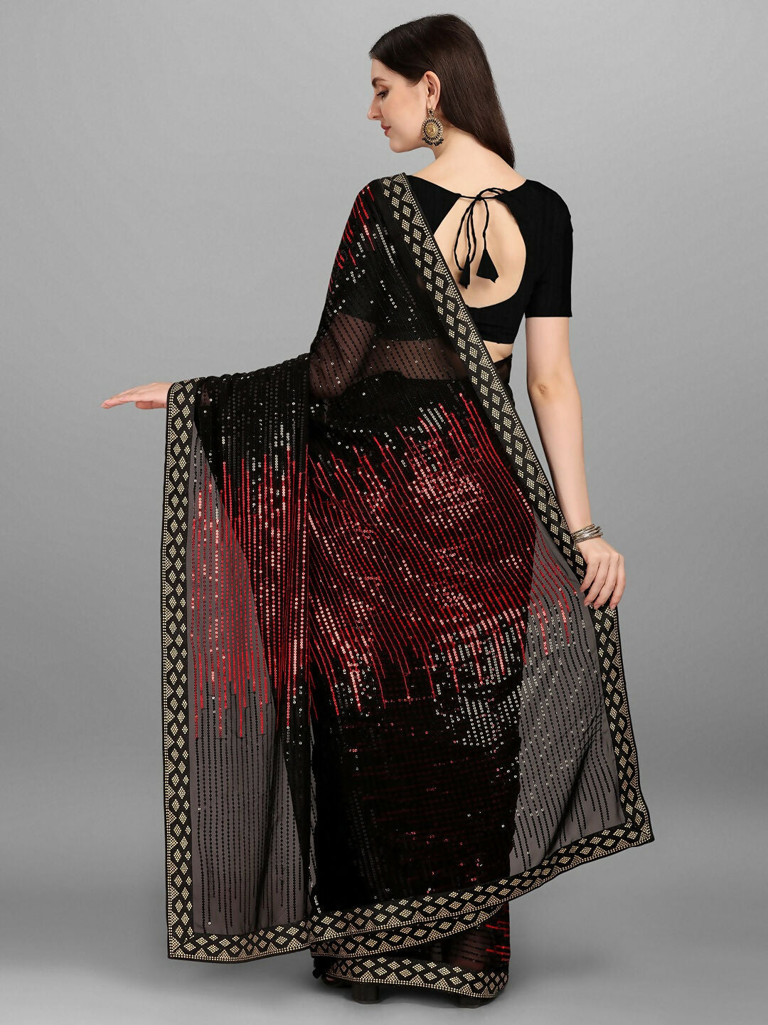 Vegaa Fashion Black Georgette Embroidered Party Wear Saree