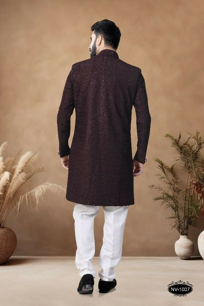Men's Brown Silk Straight Kurta Set with Heavy Thread Embroidery