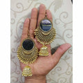 Gold oxidized mirror jhumka earrings with traditional white pearls for bridal wear