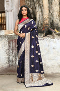 Sophisticated navy blue pure Katan handloom Banarasi silk saree