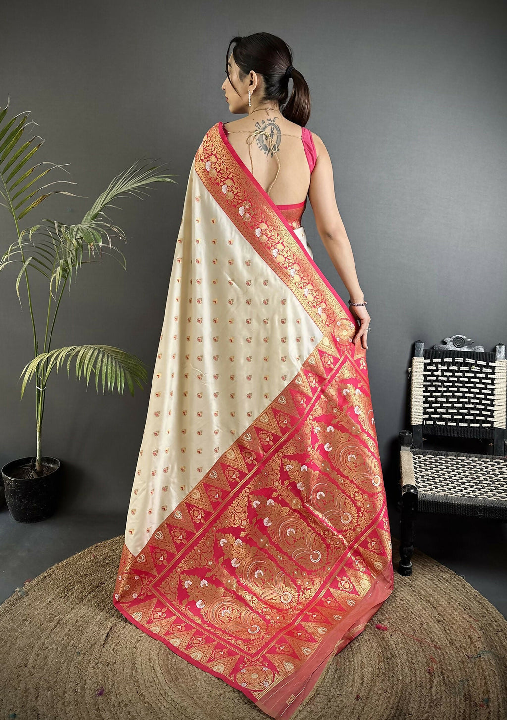 Off White Soft Silk Banarasi Saree with Gajari Butti Blouse