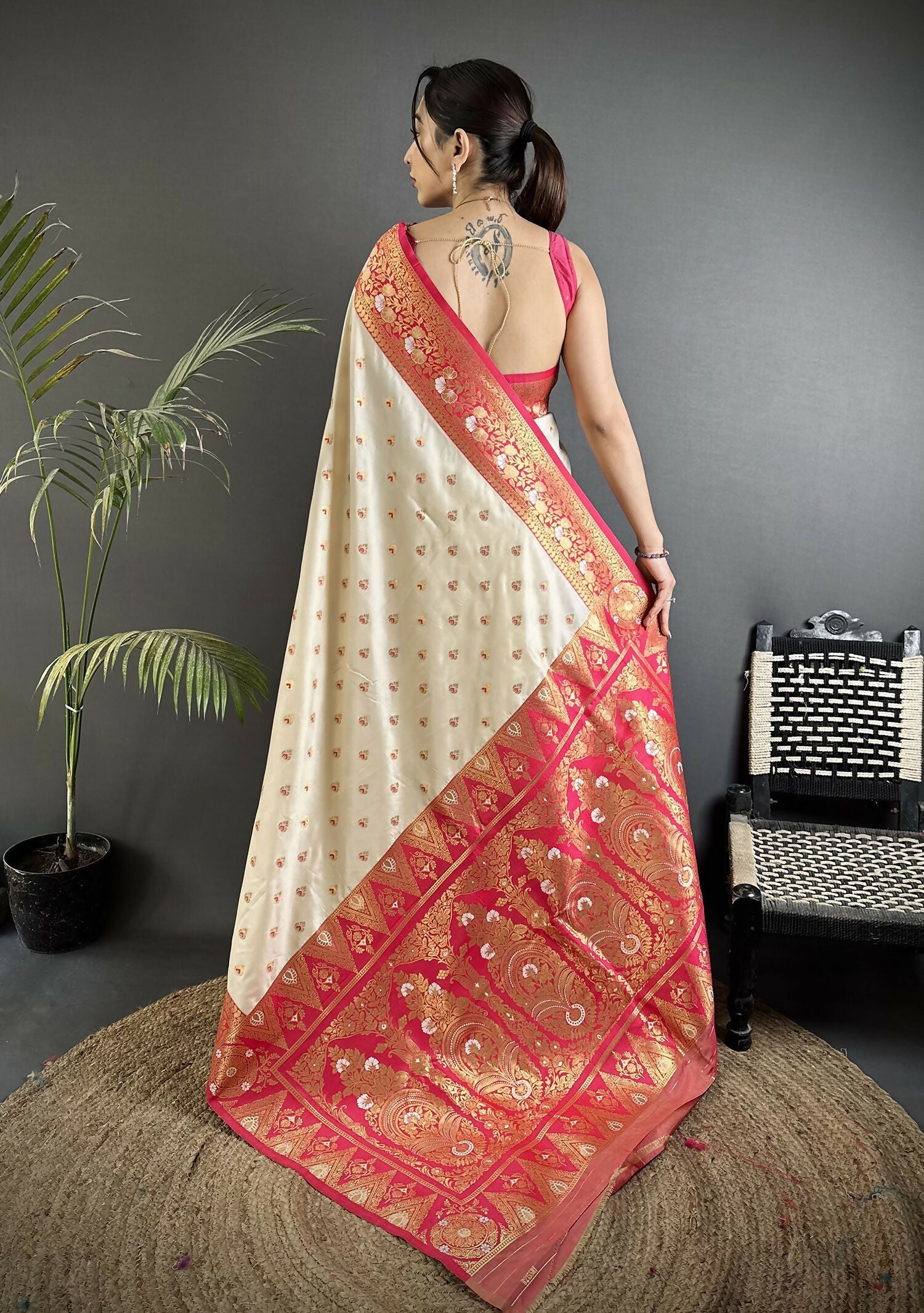 Off White Soft Silk Banarasi Saree with Gajari Butti Blouse