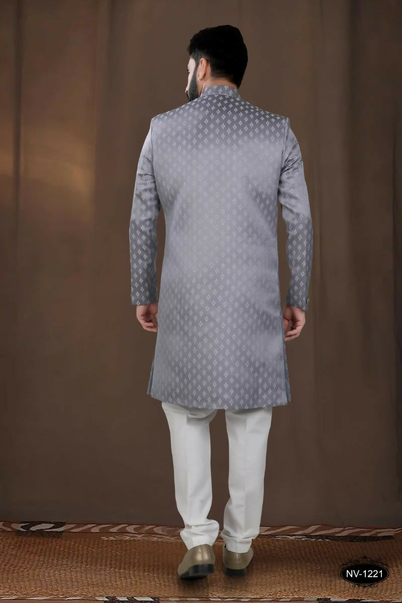 Boys Grey Woven Jacquard Kurta with White Pyjama Set
