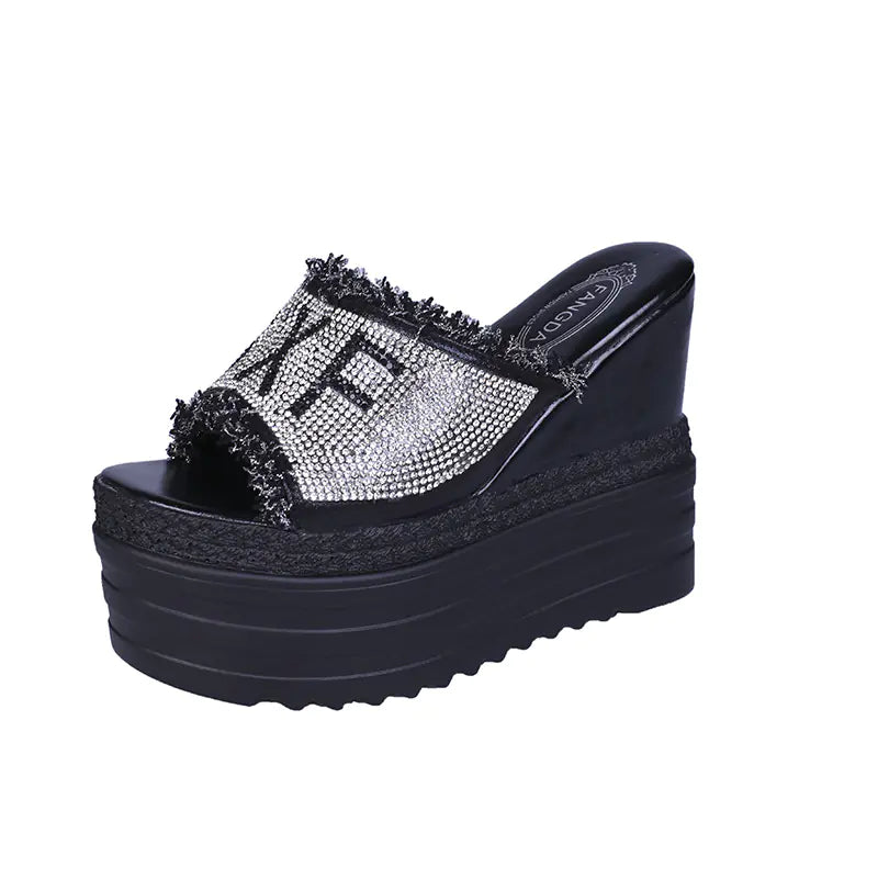 Women's Black Wedge Platform Sandals with Mesh Straps - Image 35