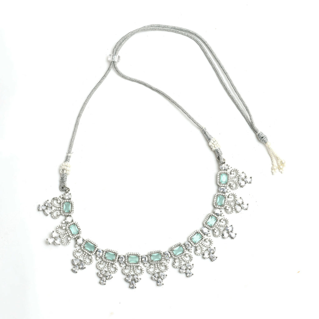 Silver-Plated American Diamond Pista Green Choker Necklace Set