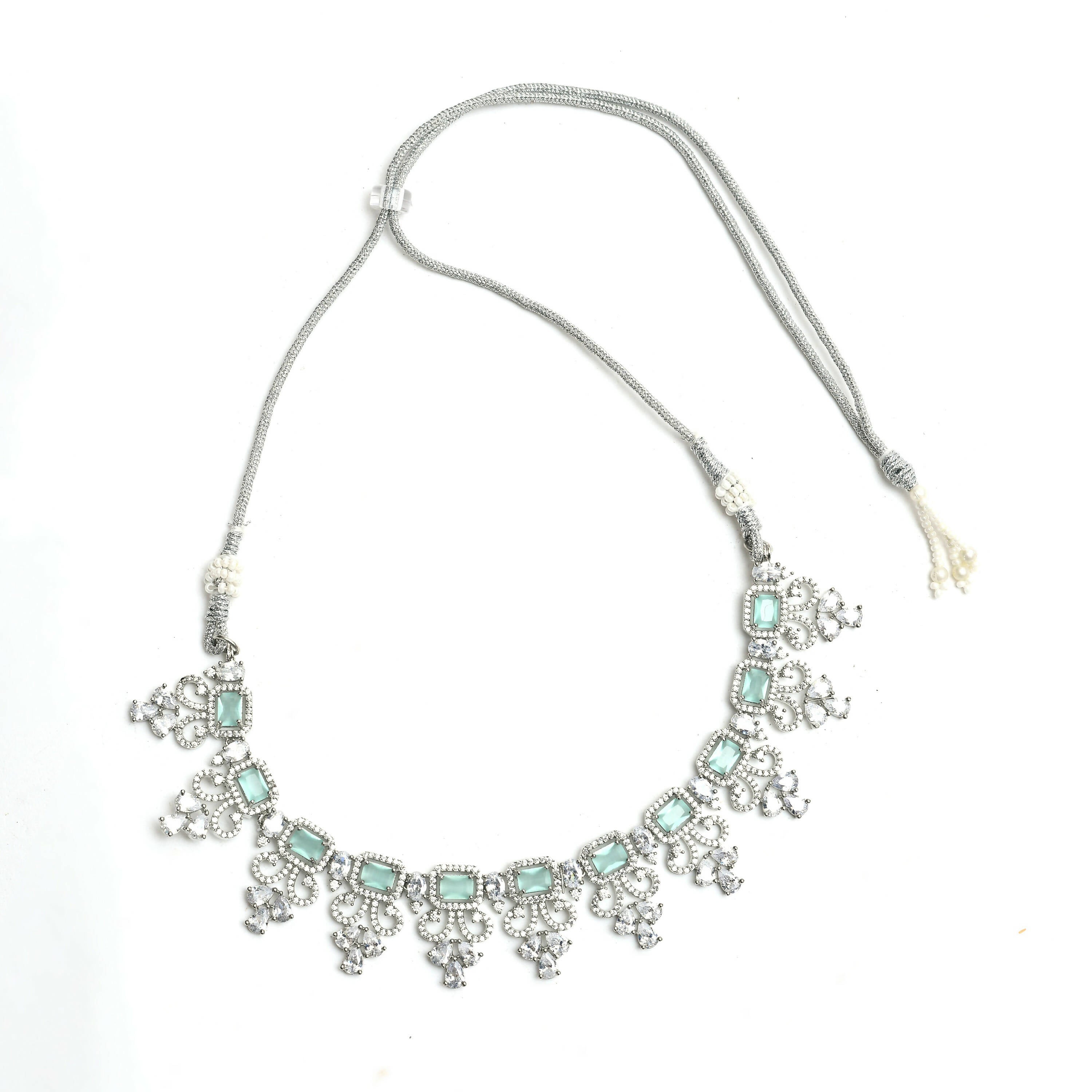 Silver-Plated American Diamond Pista Green Choker Necklace Set
