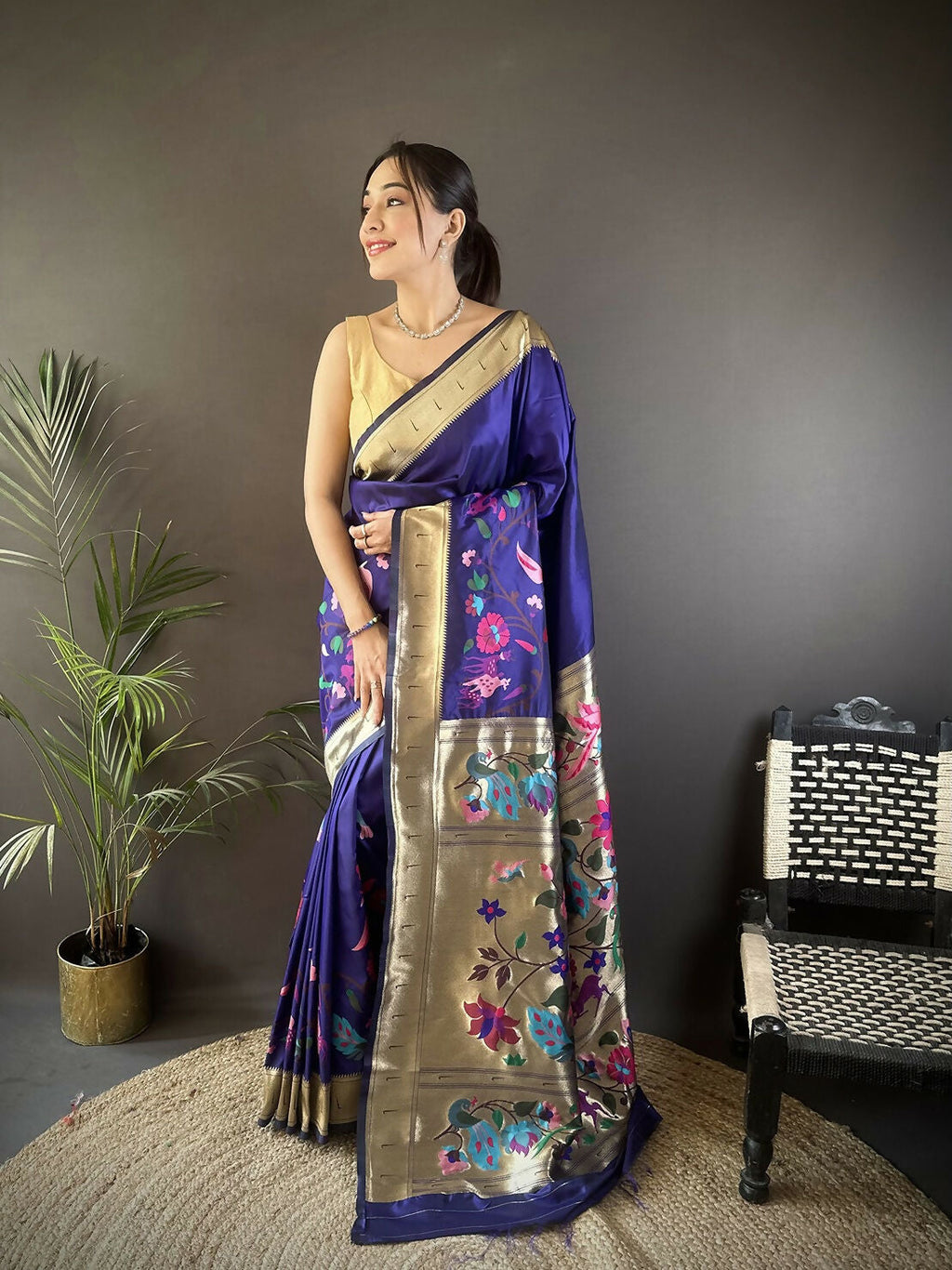 Royal Blue Floral Paithani Saree made of soft silk with floral patterns