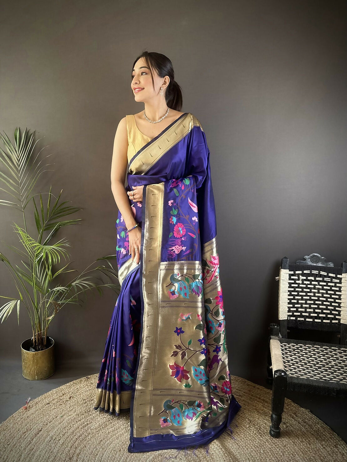 Royal Blue Floral Paithani Saree made of soft silk with floral patterns