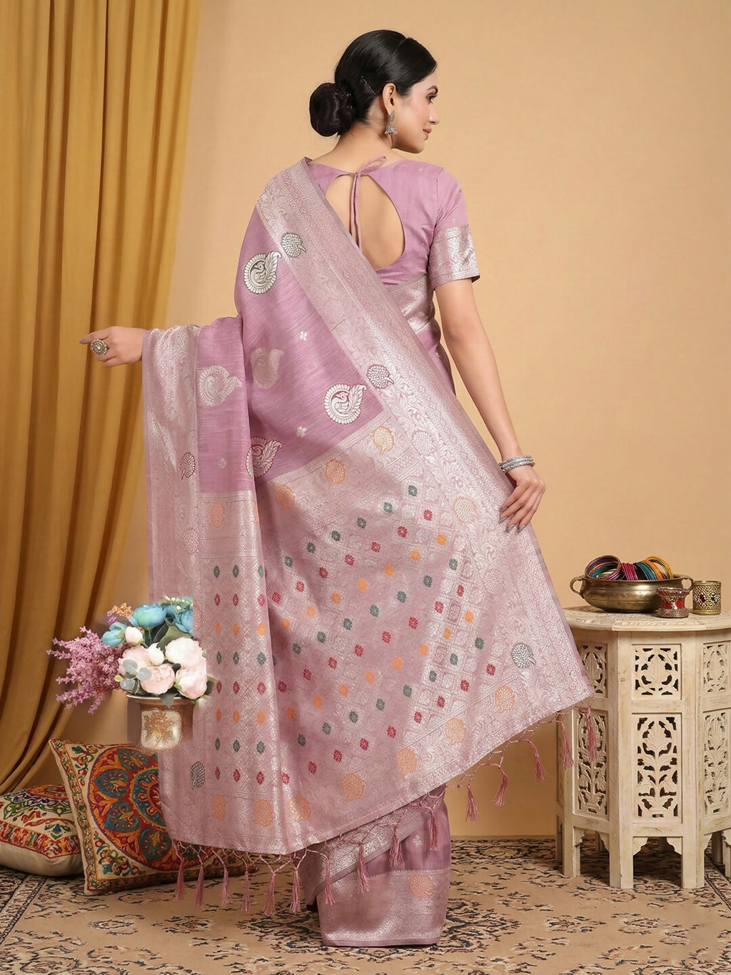 Purple Linen Cotton Saree with Matching Blouse Piece