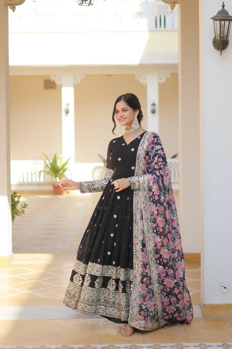 Black Faux Georgette Sequins Zari Embroidered Anarkali Dress