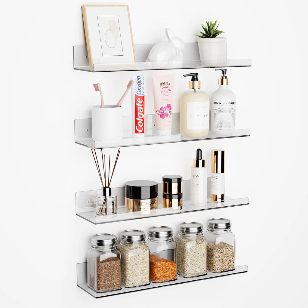 Set of 4 Acrylic Shelves for Wall 15" Adhesive Clear Bathroom Stroage Shelves Acrylic Wall Shelf Organizer Floating Shelves Wall Mounted Book Wall Shelves for Kids Baby (No Drill)