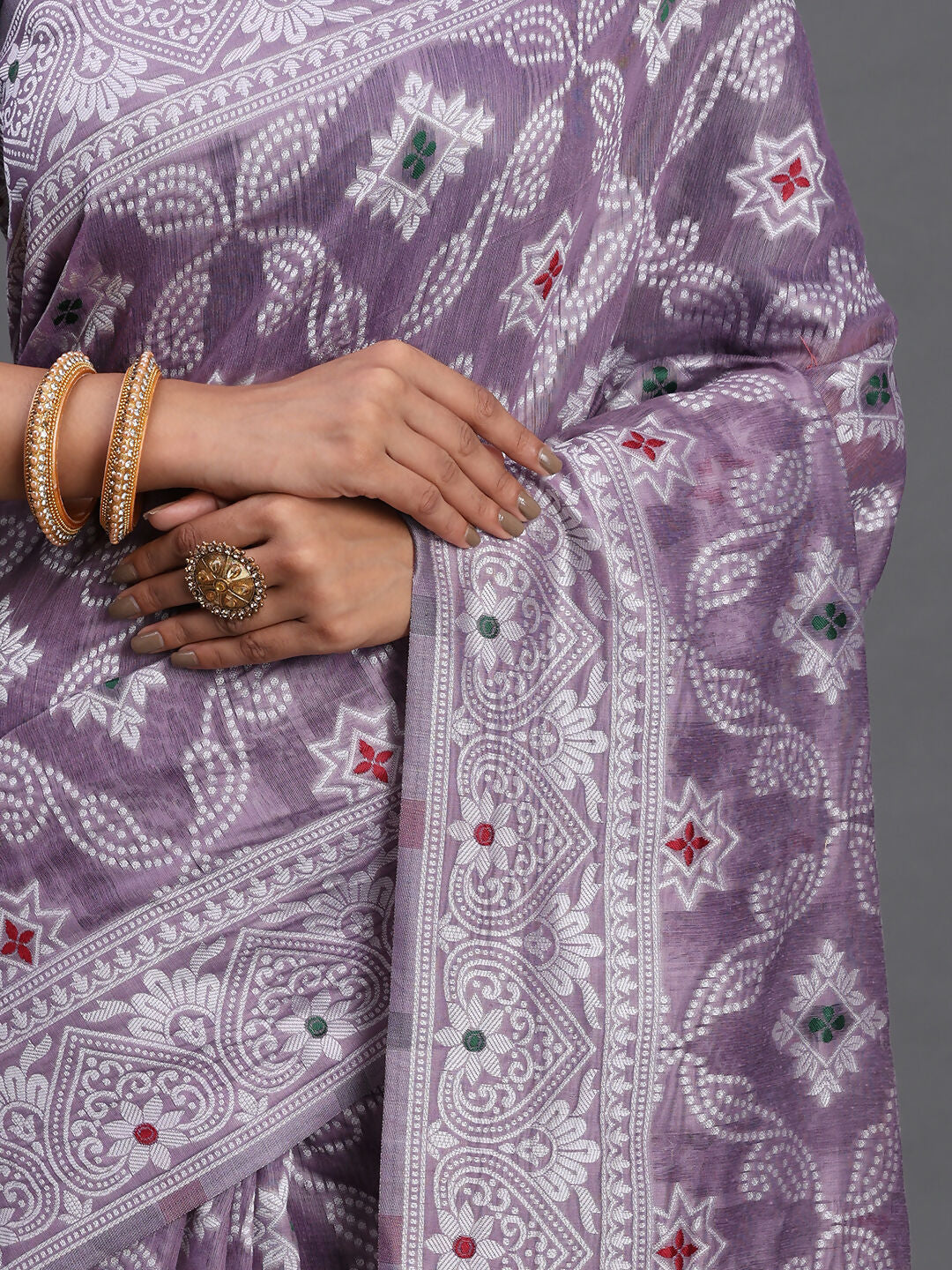 Violet Linen Cotton Saree with Traditional Ethnic Patterns