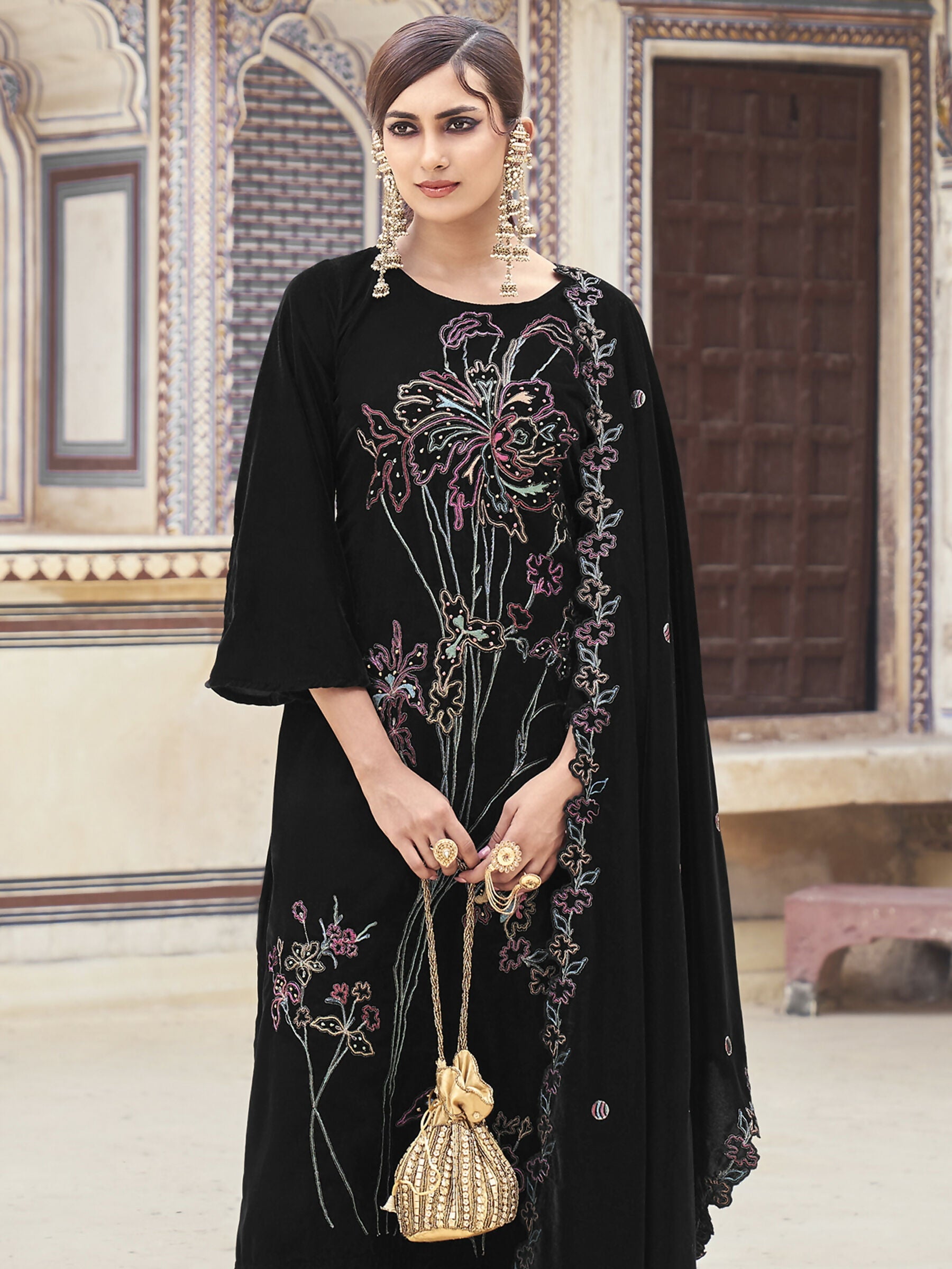 Black Velvet Straight Kurta Set with Resham Thread, Jari & Sequin