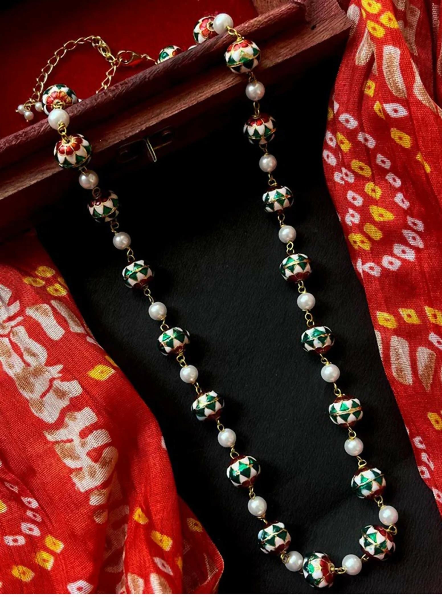 Multicolor geometric Meenakari ball necklace with red, green, and gold details