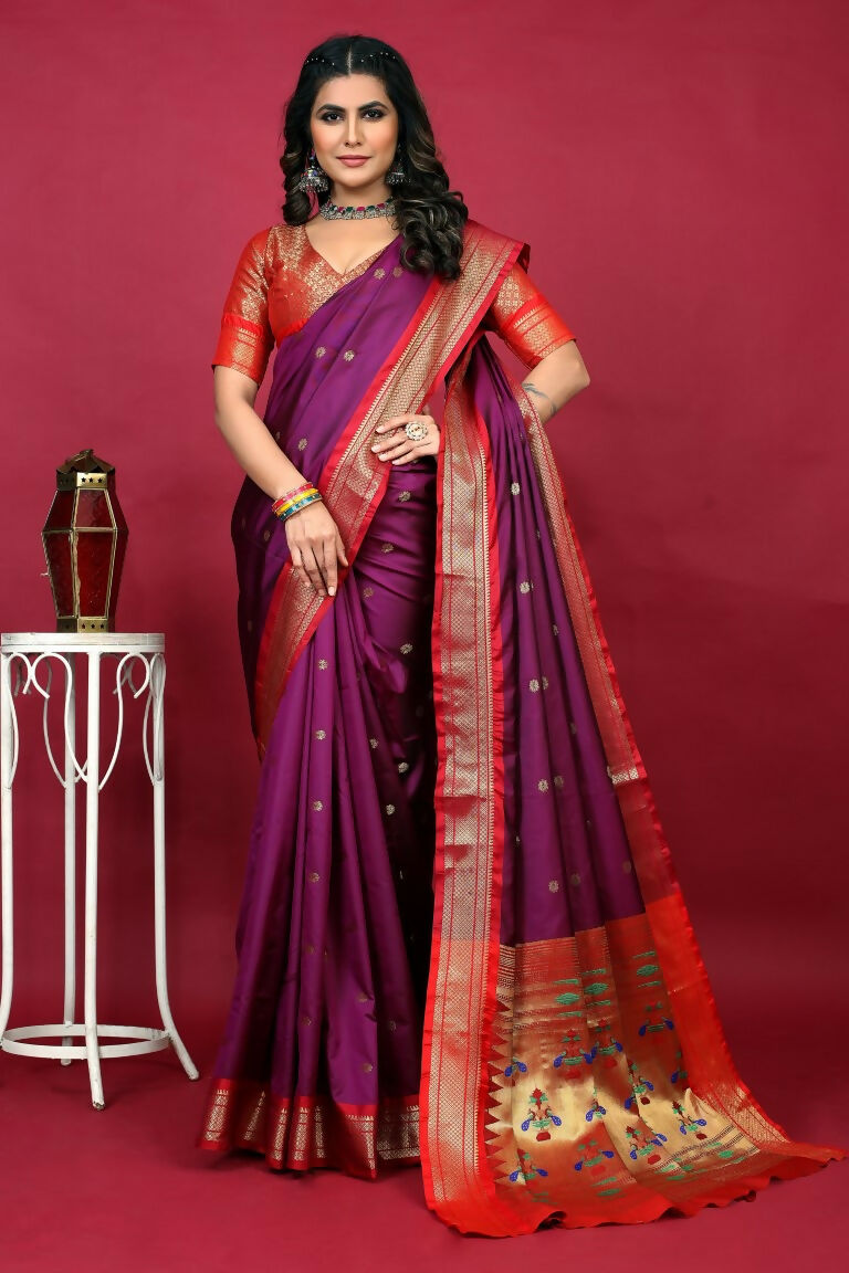 Purple Paithani Silk Saree with Red Blouse and Zari Woven Border