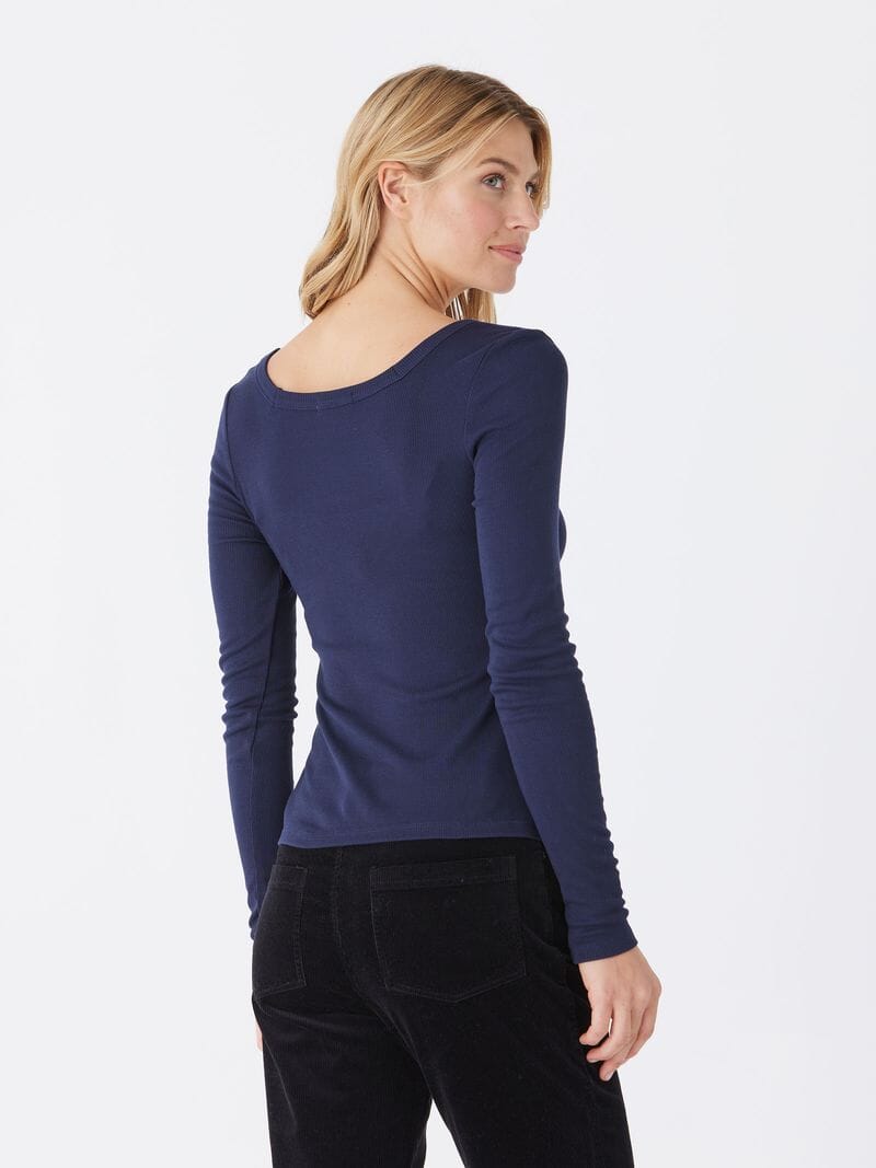 Yvette Feather Rib Long Sleeve Square Neck Top in Navy Blue