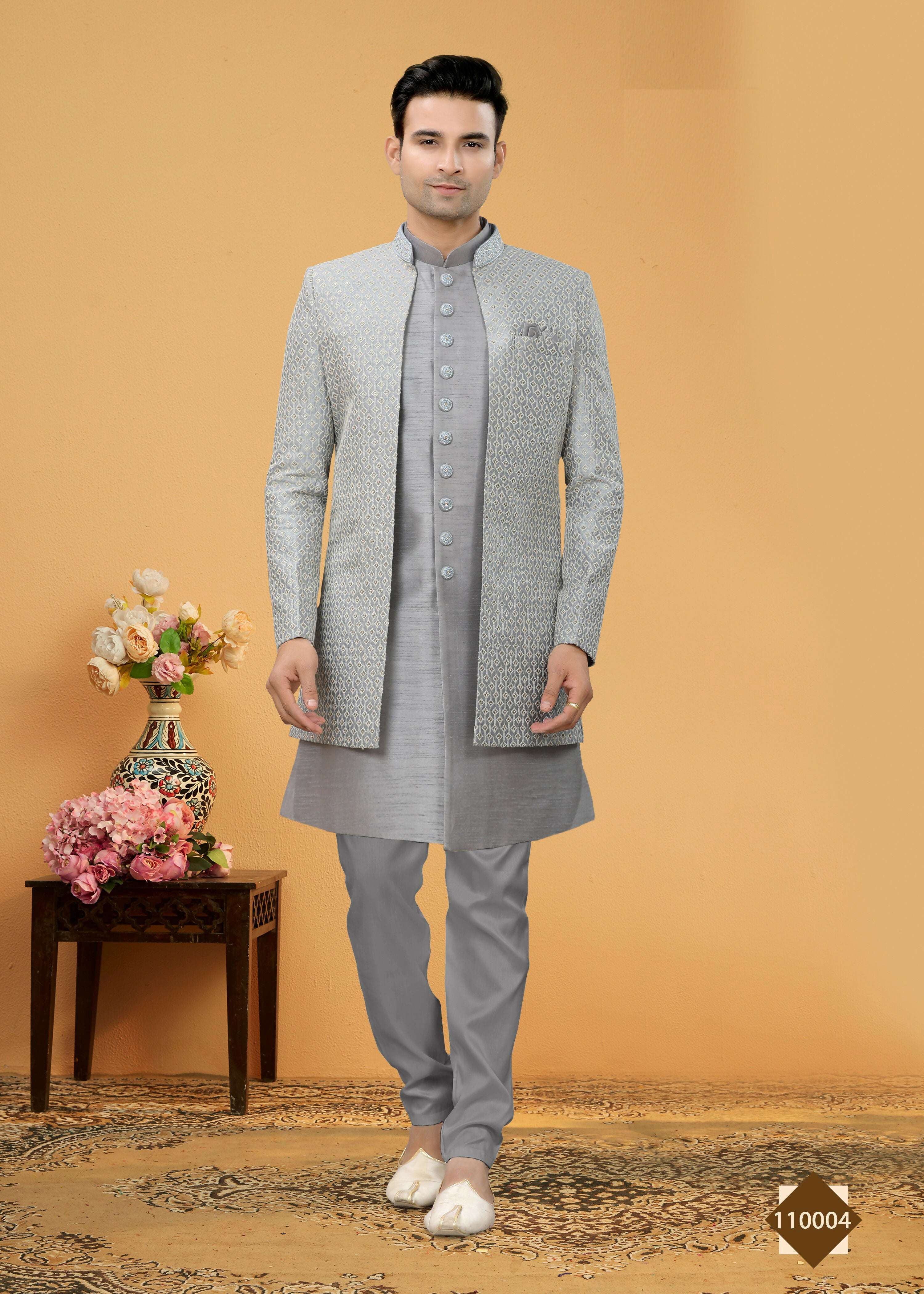 Boys Grey Art Silk Kurta Pyjama Set - Traditional Ethnic Wear