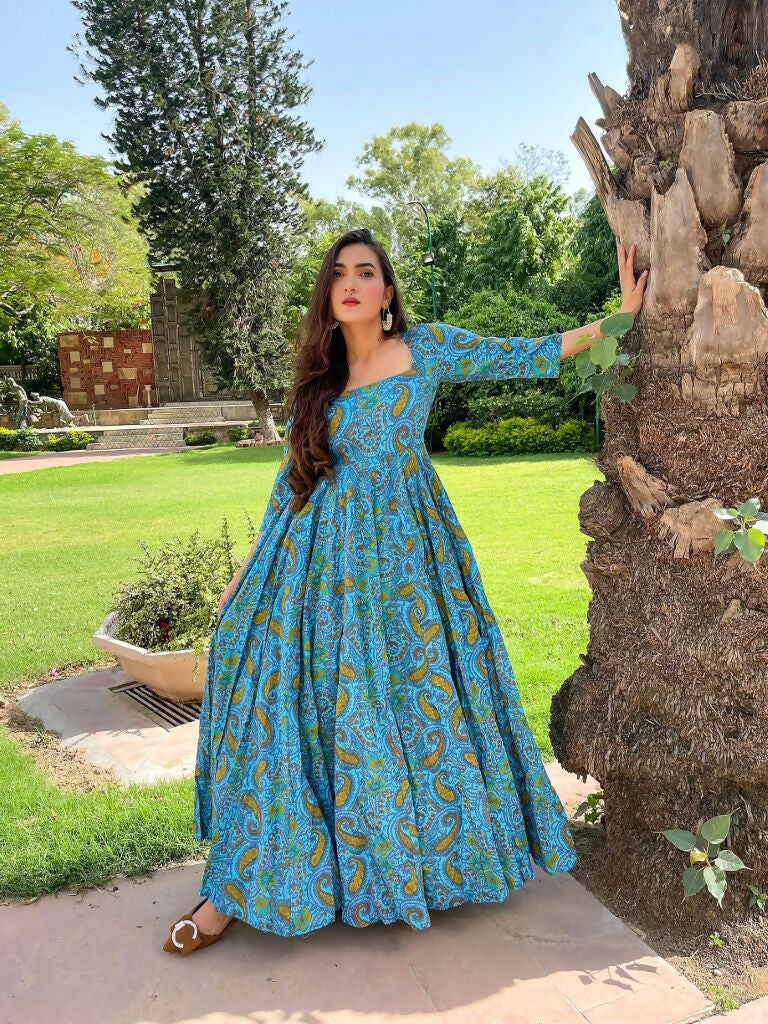 Turquoise Abstract Cotton Silk Anarkali Dress for Women
