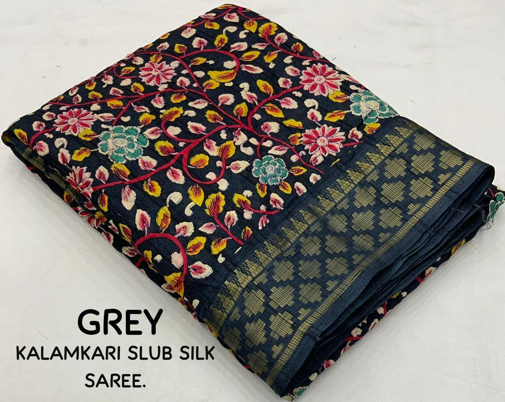 Grey Slub Silk Saree with Kalamkari Print and Jacquard Zari Border