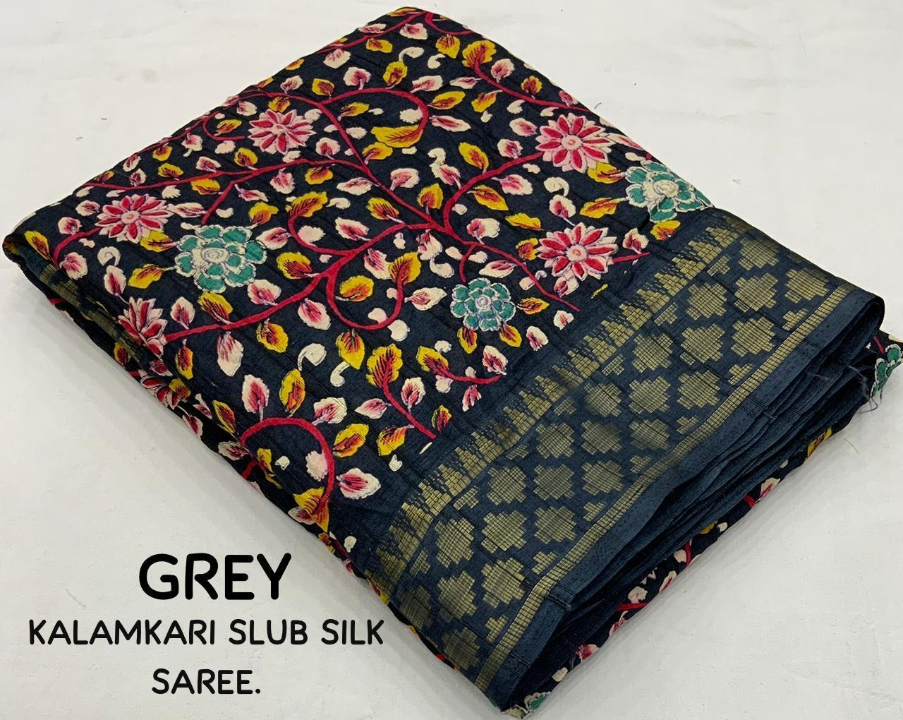 Grey Slub Silk Saree with Kalamkari Print and Jacquard Zari Border