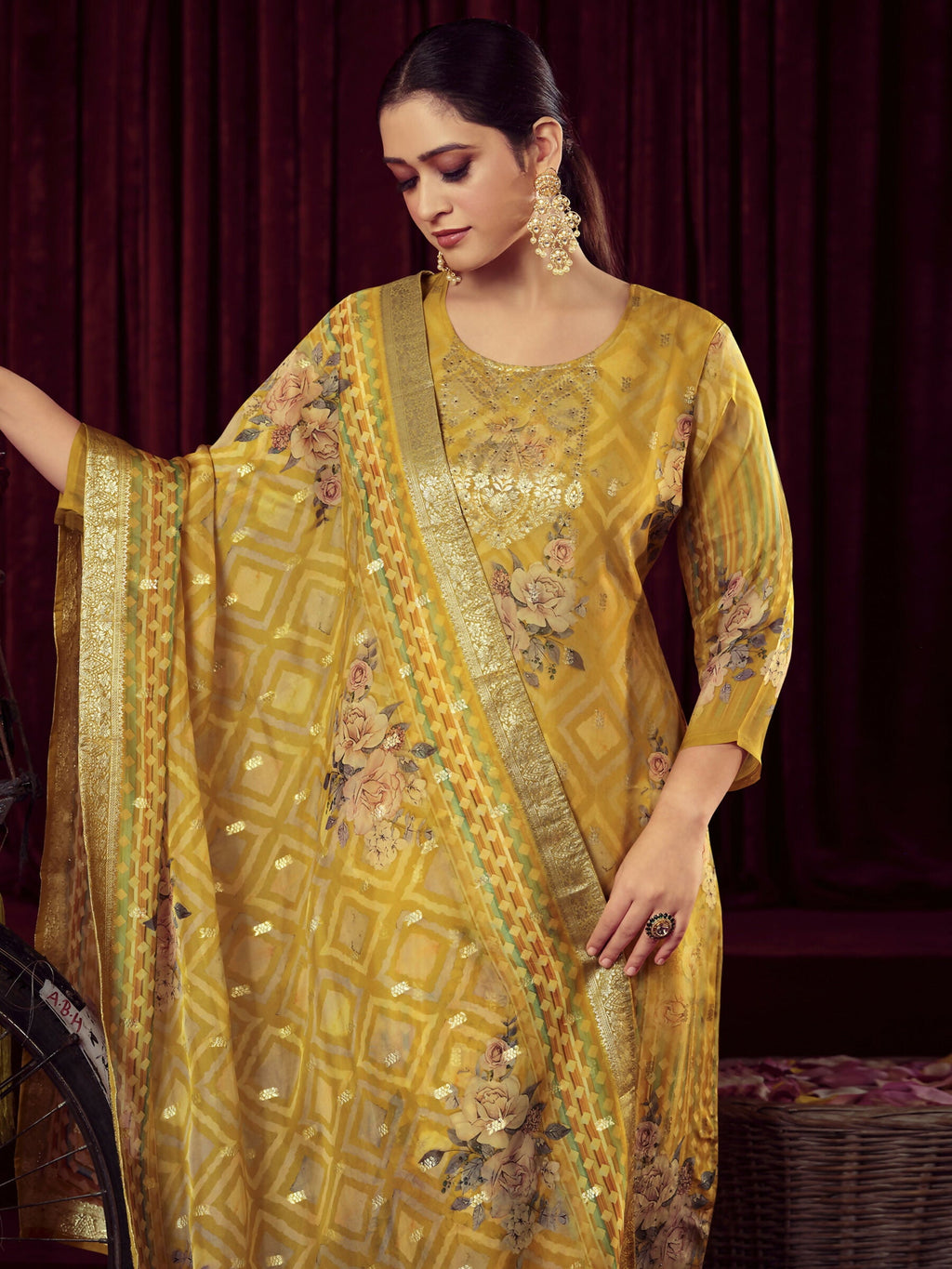 Jyoti Fashion Women's Mustard Organza Jacquard Woven Kurta with Trouser & Dupatta