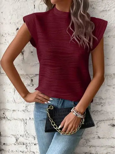 White Textured Wave Pattern Cap Sleeve Top - Image 22